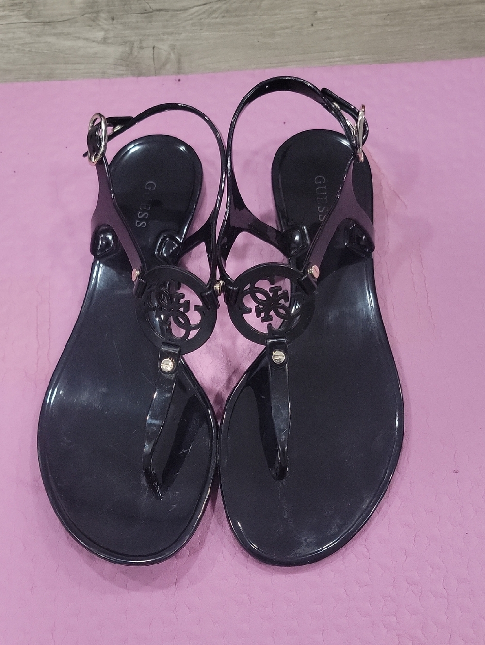 GUESS Black Jelly T-Strap Sandals with Logo Medallion